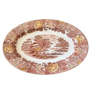 Vintage Nasco Mountain Wood-land Brown Transferware Oval Serving Platter Japan